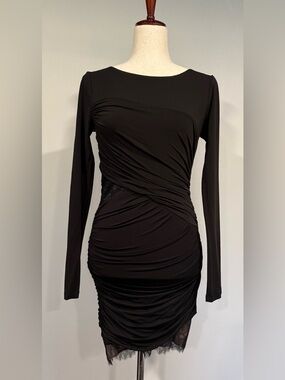 BCBGMax Azria Women’s Black Clio Shirred Long-Sleeve Ruched Bodycon Dress
